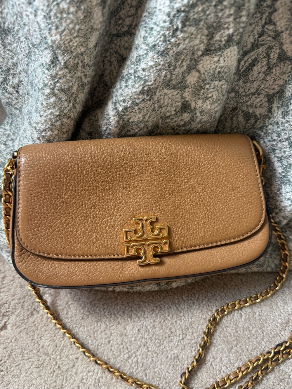 Tory Burch Britten Camel Tan Leather Crossbody with Gold Hardware